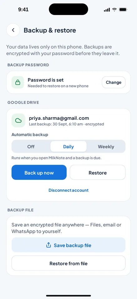 Backup and restore screen with password and Google Drive