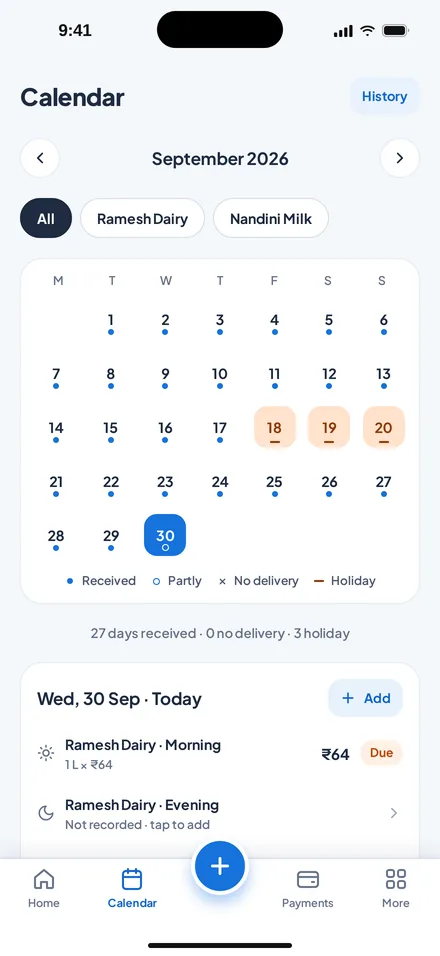 MilkNote calendar — every delivery, holidays marked