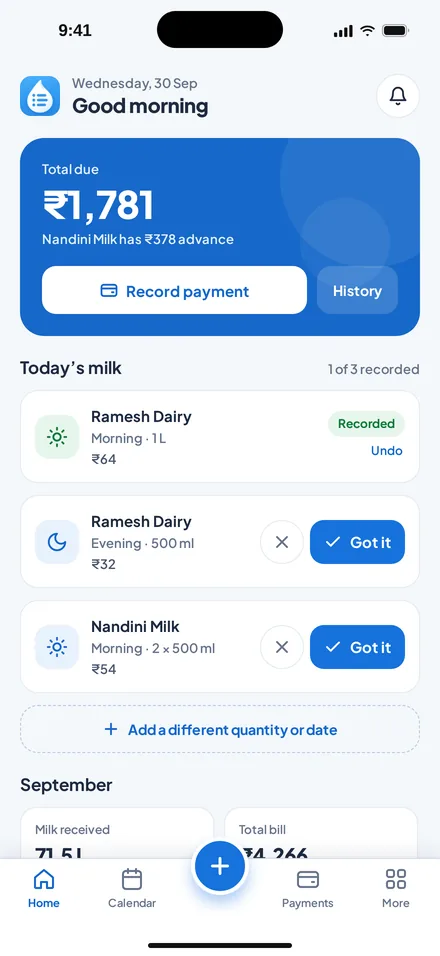 MilkNote home screen — today's milk and total due