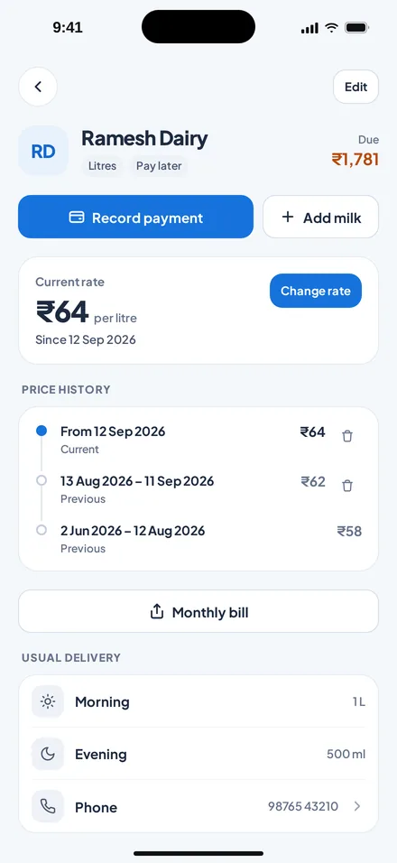 Supplier screen with current rate and price history