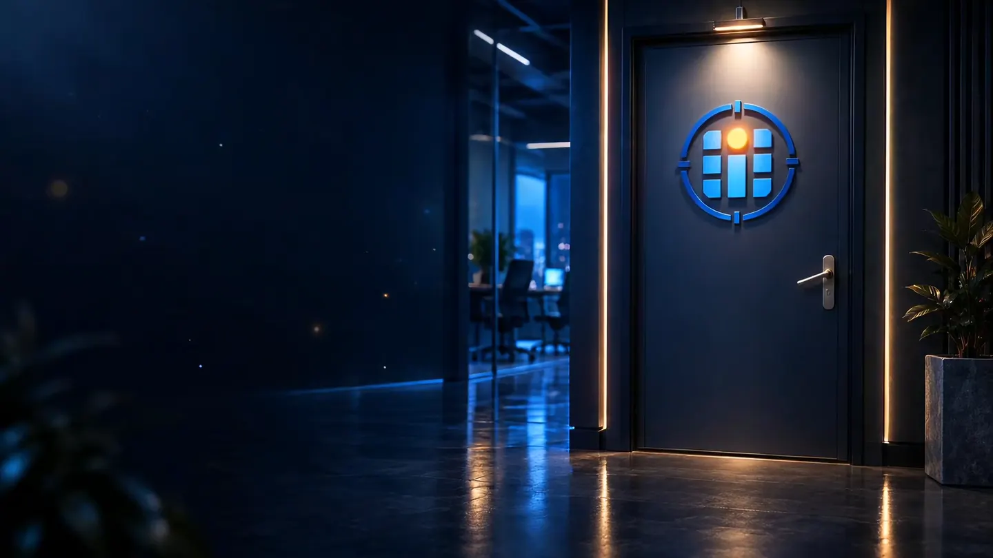 A dark studio corridor, the Global iMatrix mark glowing on a closed door